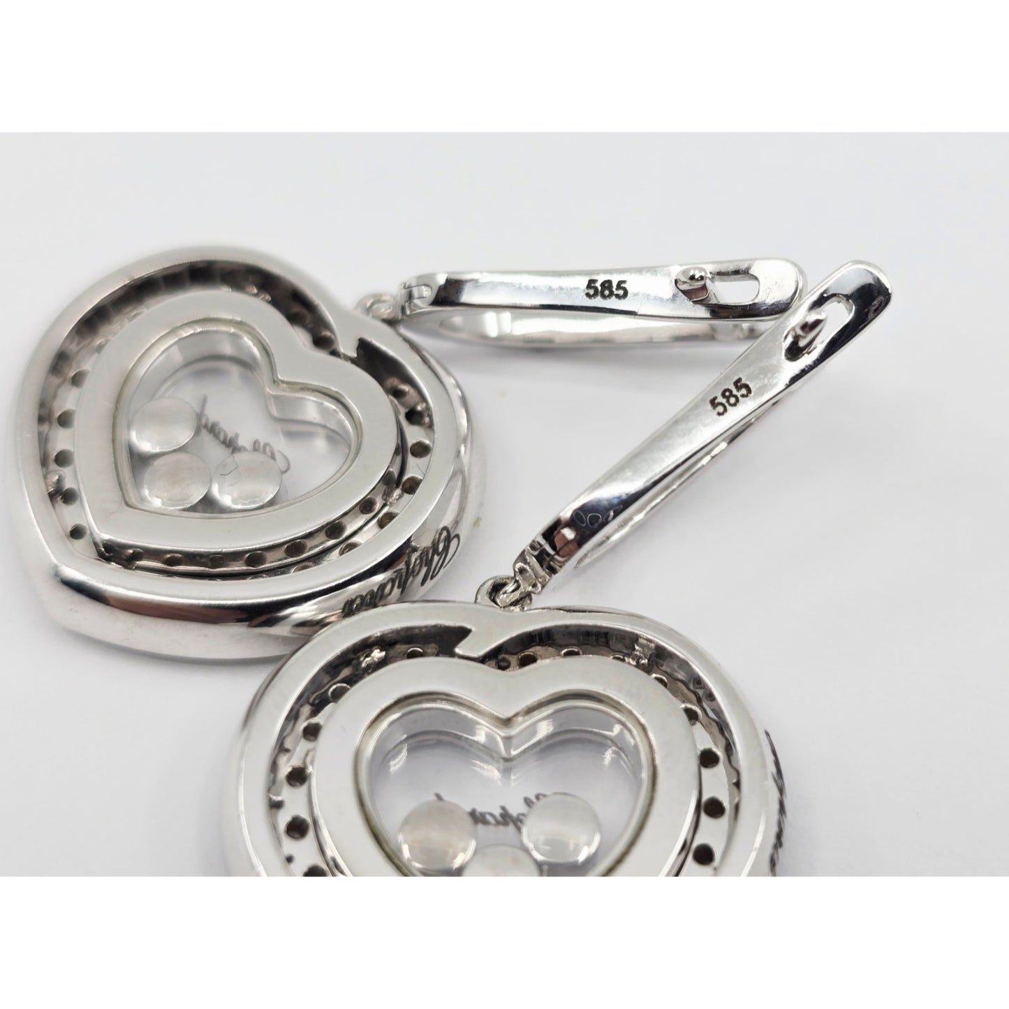 14K White Gold Round Cut Diamond Heart Shaped Hinged Earrings