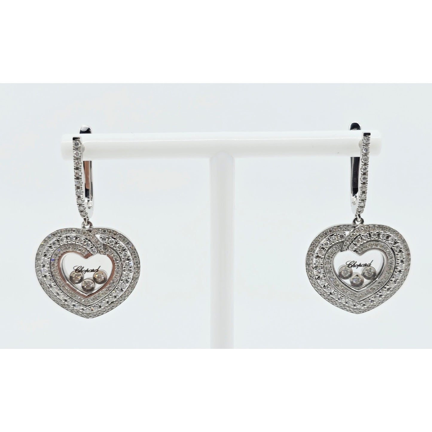 14K White Gold Round Cut Diamond Heart Shaped Hinged Earrings