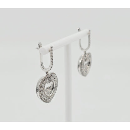 14K White Gold Round Cut Diamond Heart Shaped Hinged Earrings
