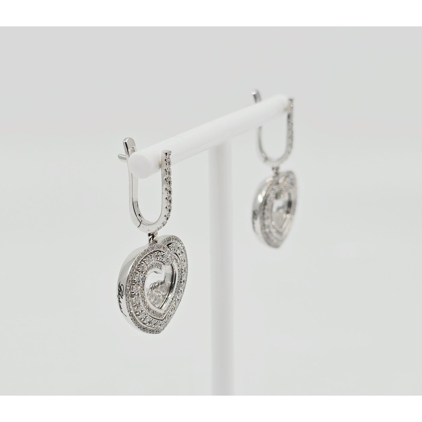 14K White Gold Round Cut Diamond Heart Shaped Hinged Earrings