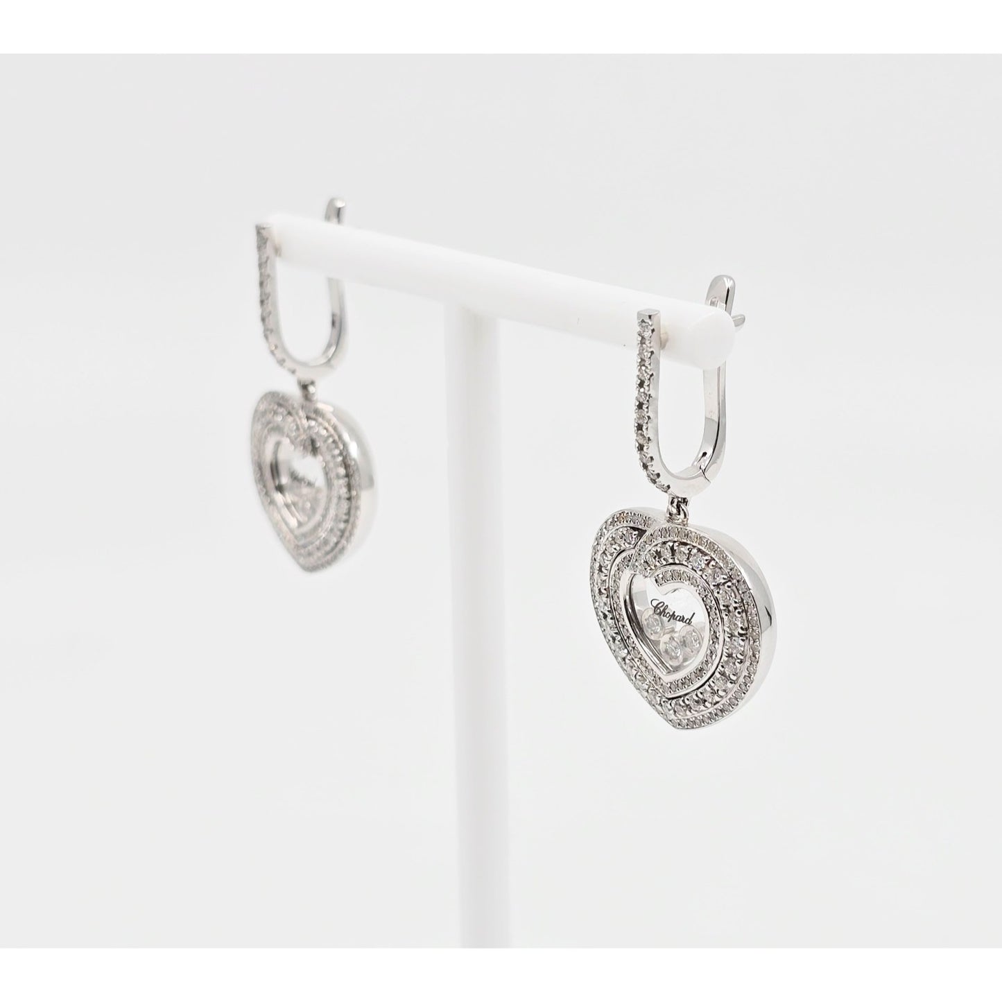 14K White Gold Round Cut Diamond Heart Shaped Hinged Earrings