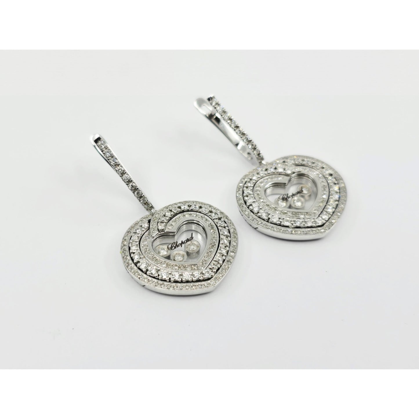 14K White Gold Round Cut Diamond Heart Shaped Hinged Earrings