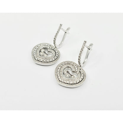 14K White Gold Round Cut Diamond Heart Shaped Hinged Earrings