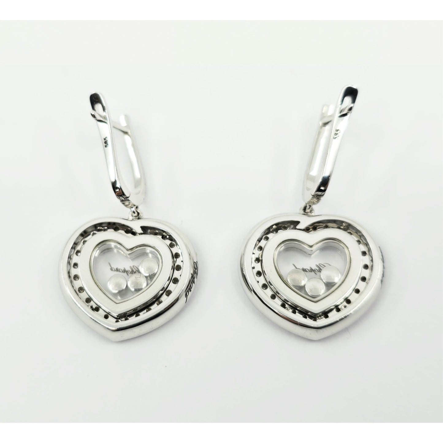 14K White Gold Round Cut Diamond Heart Shaped Hinged Earrings