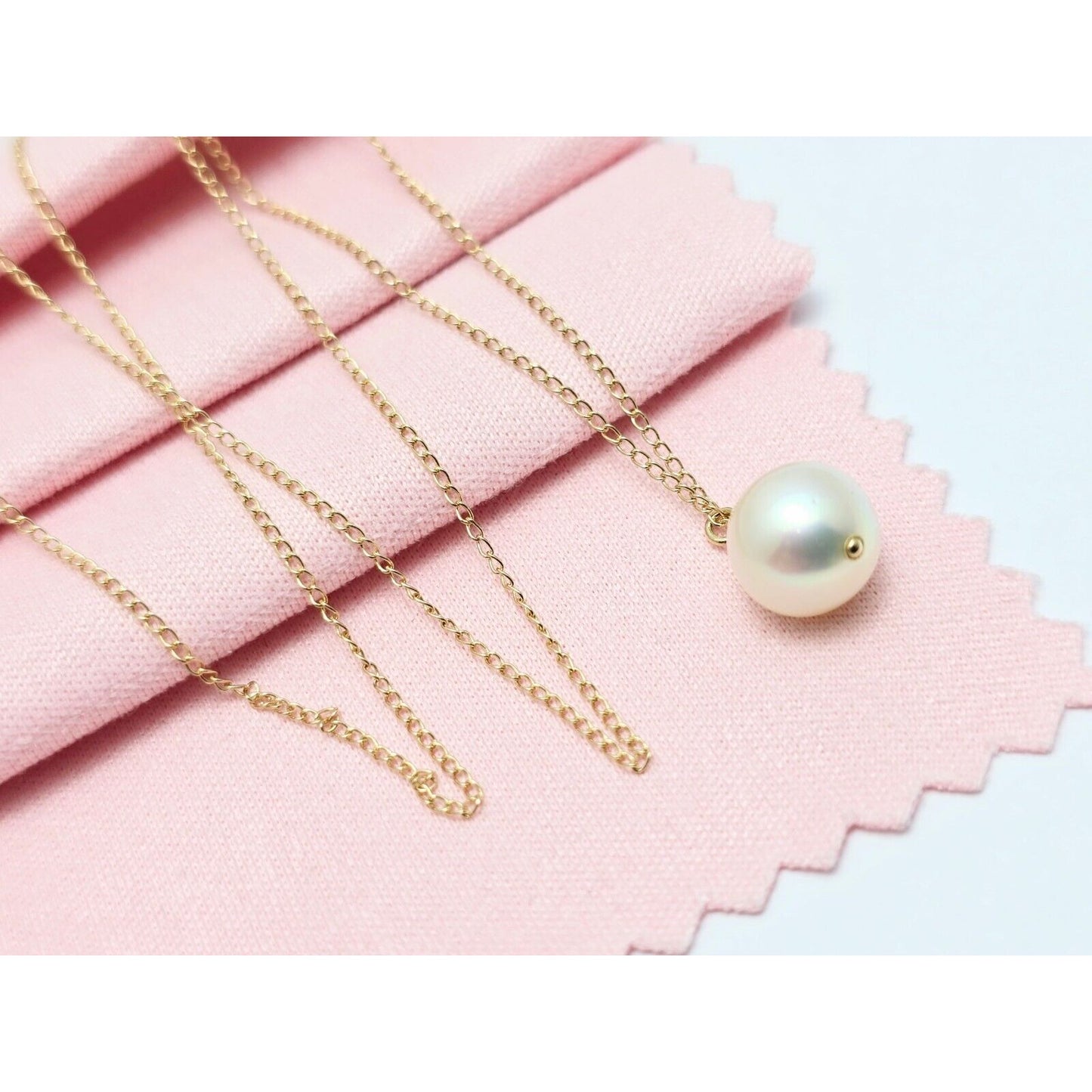 14K Yellow Gold Drop Down Pearl Charm Pendant Cable Link Chain Necklace