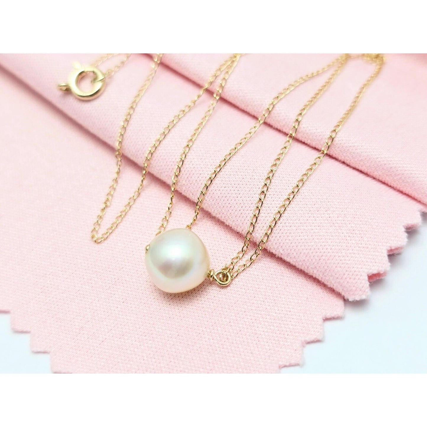 14K Yellow Gold Drop Down Pearl Charm Pendant Cable Link Chain Necklace