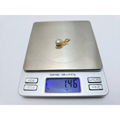 14K Yellow Gold Drop Down Pearl Charm Pendant Cable Link Chain Necklace