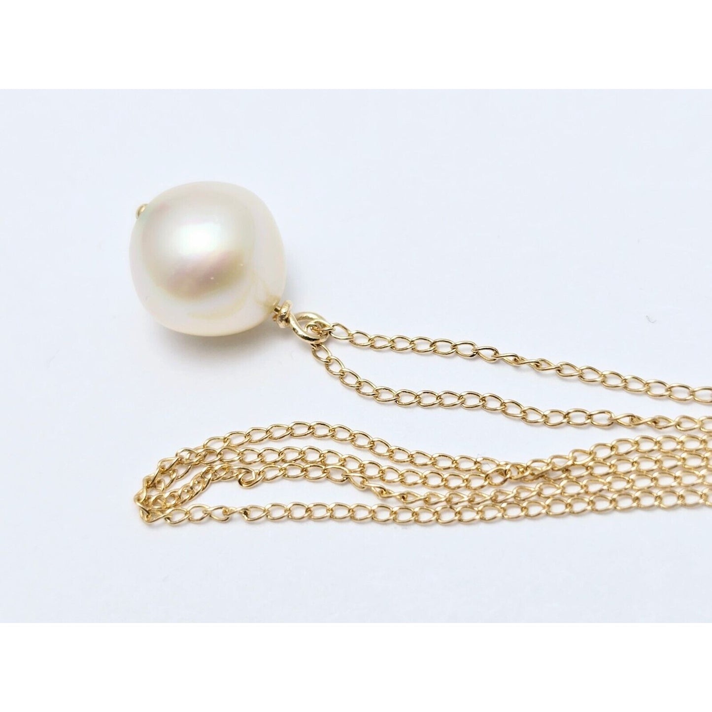 14K Yellow Gold Drop Down Pearl Charm Pendant Cable Link Chain Necklace
