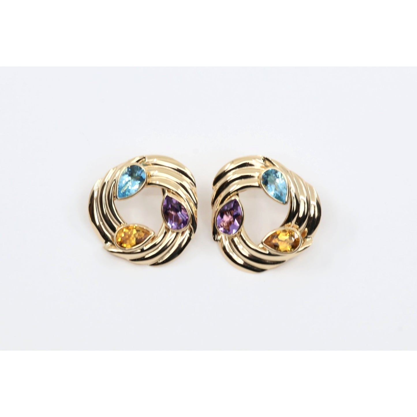 14K Yellow Gold Amethyst Blue Topaz Citrine Pear Cut Round Spiral Stud Earrings