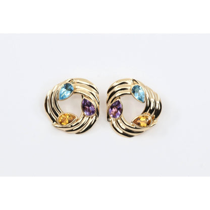 14K Yellow Gold Amethyst Blue Topaz Citrine Pear Cut Round Spiral Stud Earrings