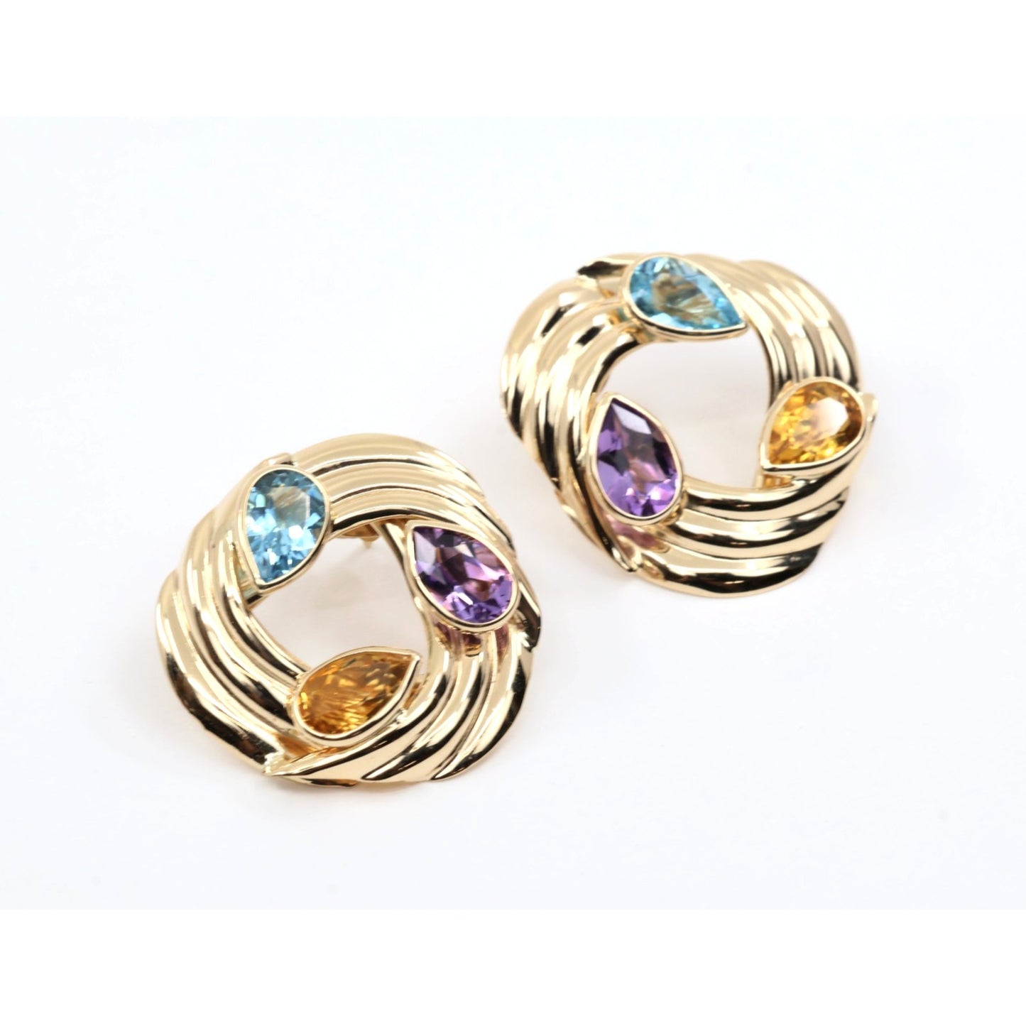 14K Yellow Gold Amethyst Blue Topaz Citrine Pear Cut Round Spiral Stud Earrings