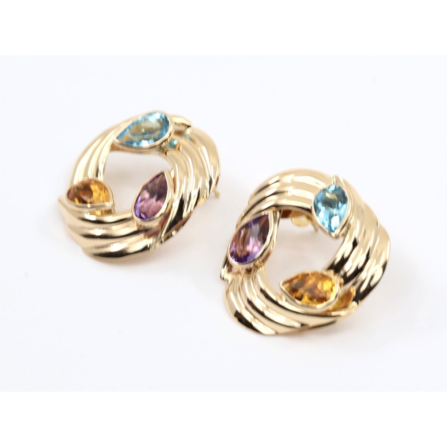 14K Yellow Gold Amethyst Blue Topaz Citrine Pear Cut Round Spiral Stud Earrings