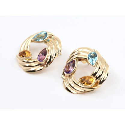 14K Yellow Gold Amethyst Blue Topaz Citrine Pear Cut Round Spiral Stud Earrings