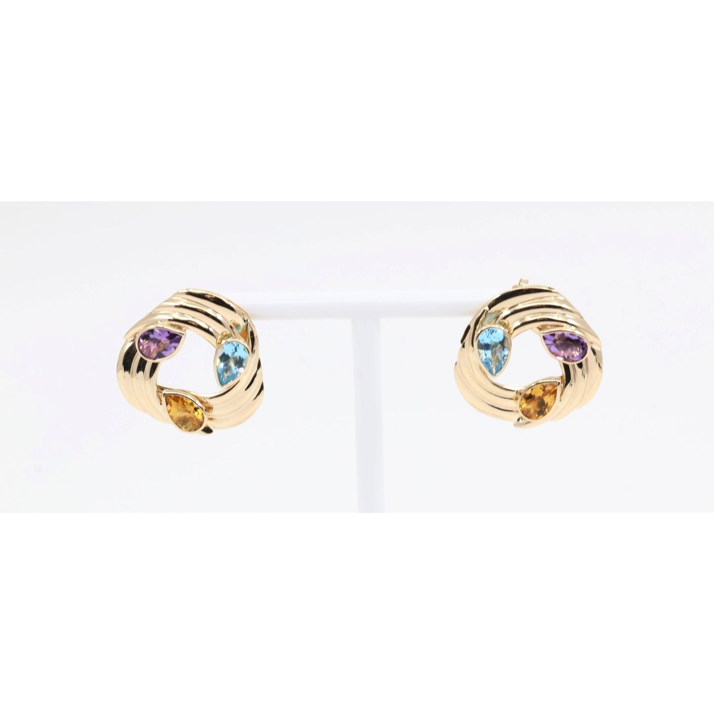 14K Yellow Gold Amethyst Blue Topaz Citrine Pear Cut Round Spiral Stud Earrings