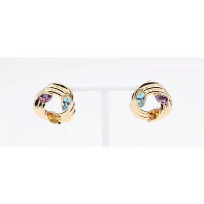 14K Yellow Gold Amethyst Blue Topaz Citrine Pear Cut Round Spiral Stud Earrings