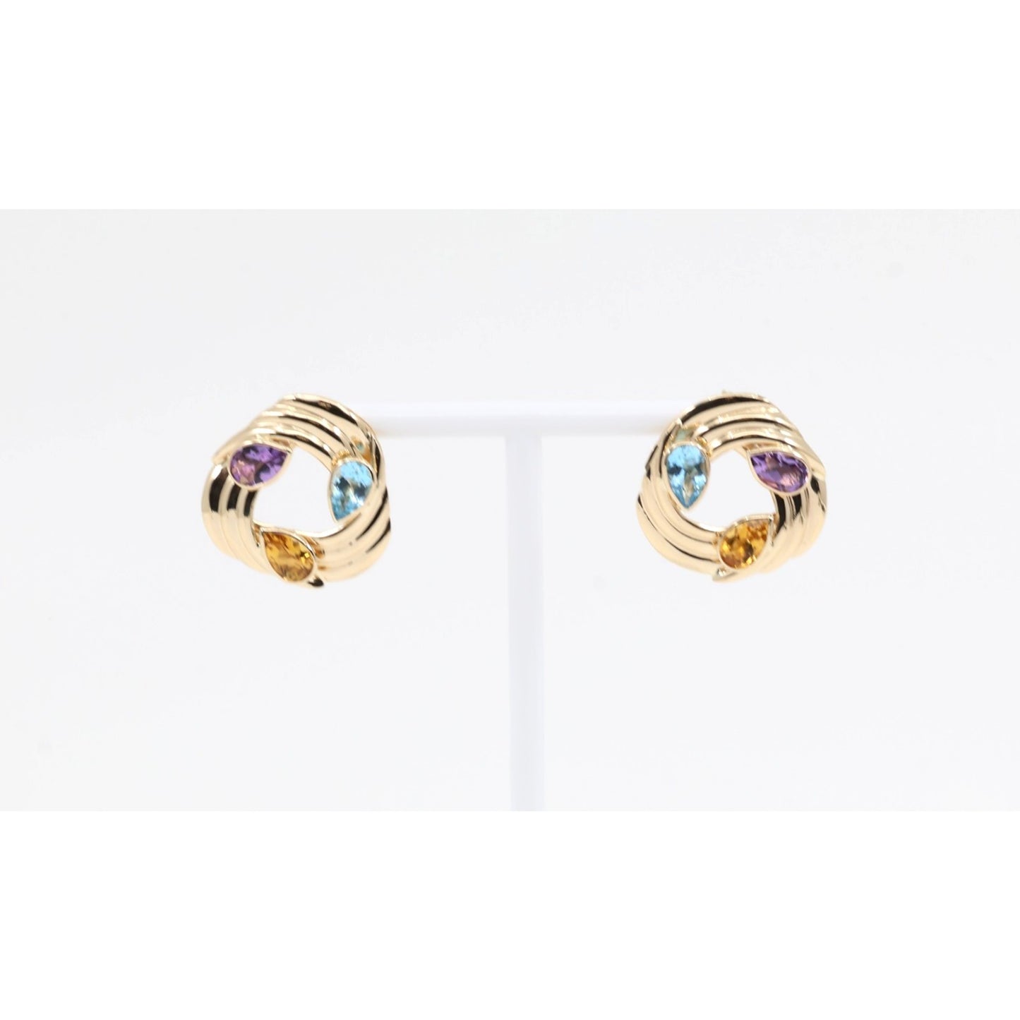 14K Yellow Gold Amethyst Blue Topaz Citrine Pear Cut Round Spiral Stud Earrings