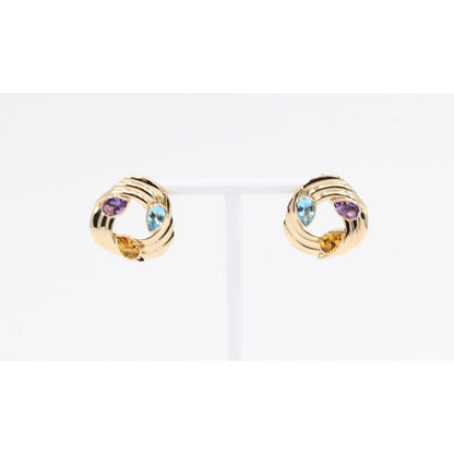 14K Yellow Gold Amethyst Blue Topaz Citrine Pear Cut Round Spiral Stud Earrings
