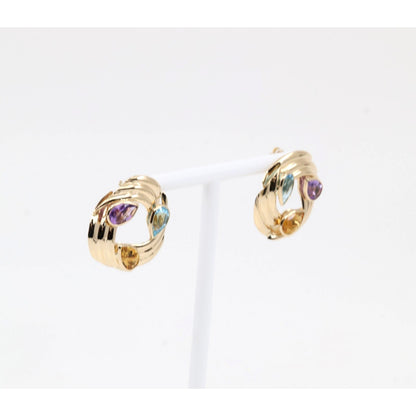 14K Yellow Gold Amethyst Blue Topaz Citrine Pear Cut Round Spiral Stud Earrings