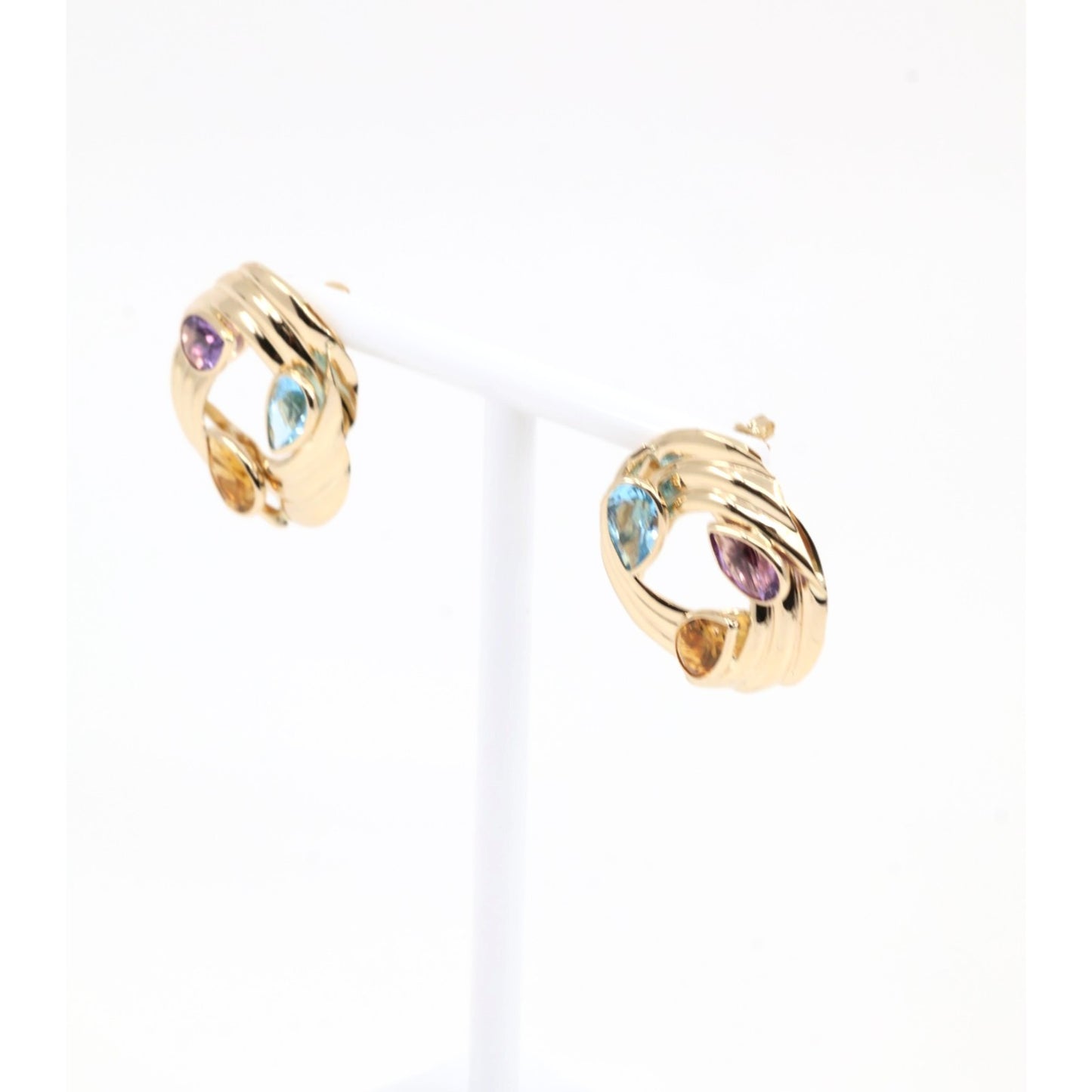 14K Yellow Gold Amethyst Blue Topaz Citrine Pear Cut Round Spiral Stud Earrings