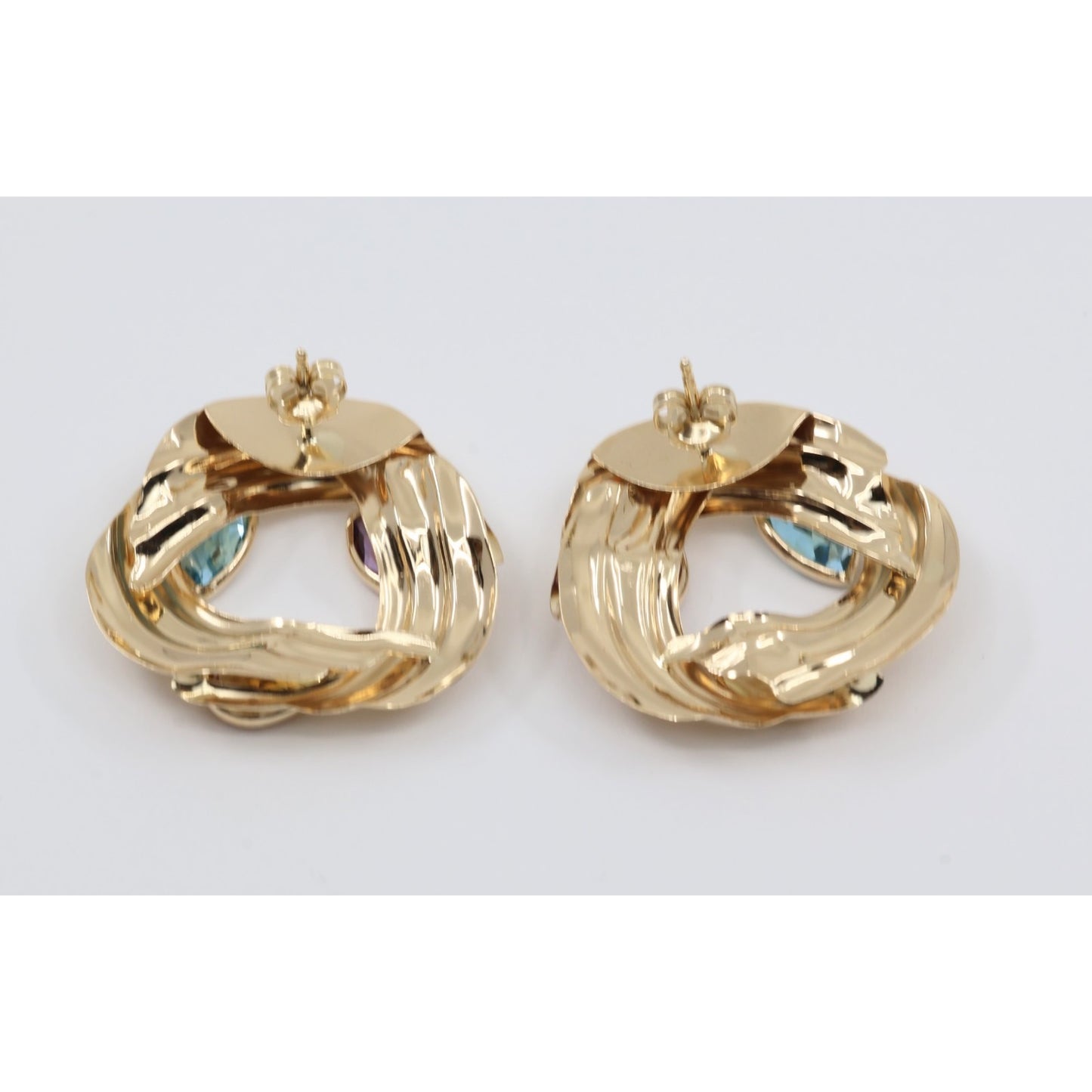 14K Yellow Gold Amethyst Blue Topaz Citrine Pear Cut Round Spiral Stud Earrings