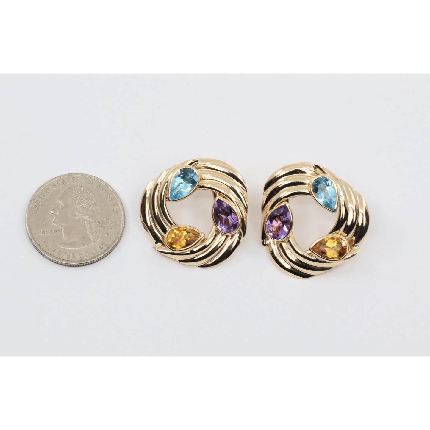 14K Yellow Gold Amethyst Blue Topaz Citrine Pear Cut Round Spiral Stud Earrings