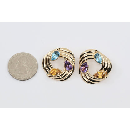 14K Yellow Gold Amethyst Blue Topaz Citrine Pear Cut Round Spiral Stud Earrings