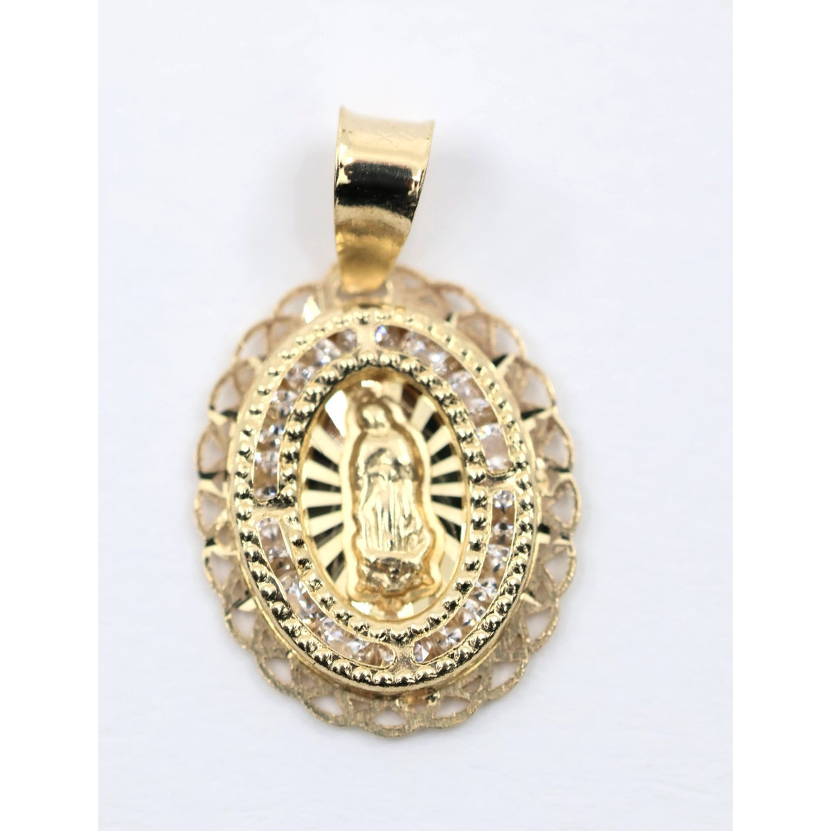 Tiny 14K Yellow Gold Saint Mary Oval CZ Charm Pendant