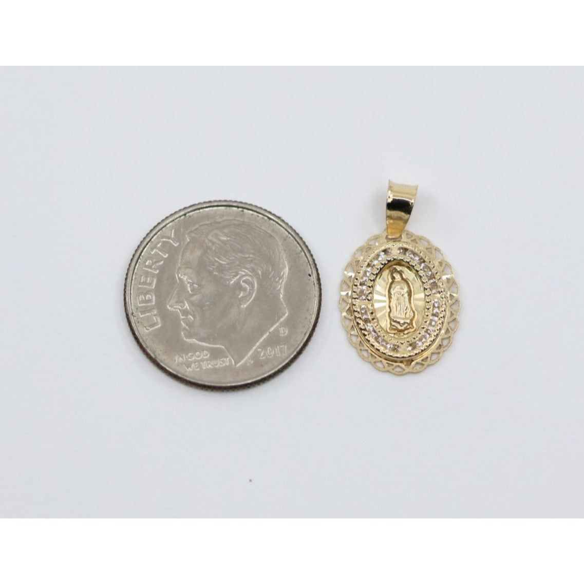 Tiny 14K Yellow Gold Saint Mary Oval CZ Charm Pendant