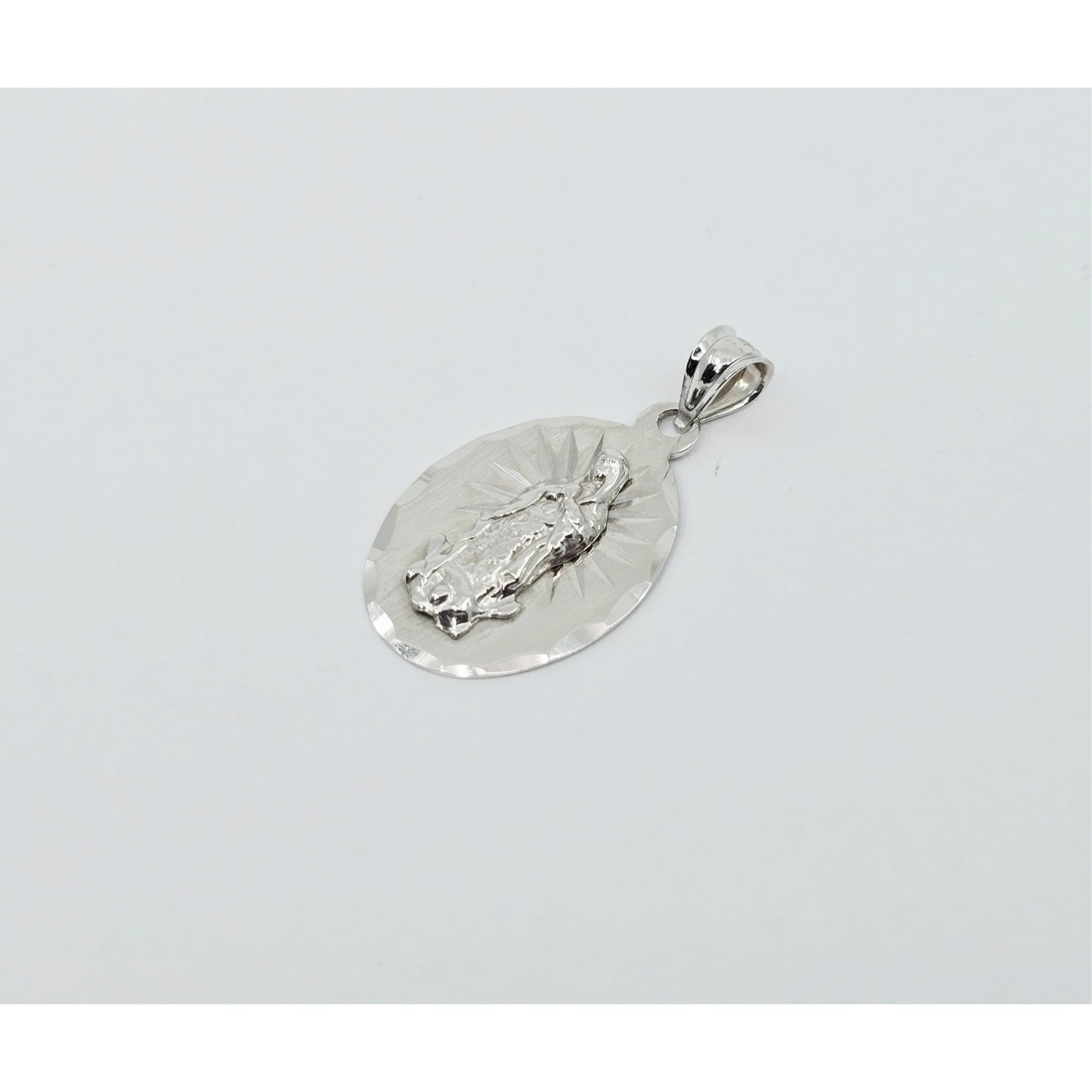 14K White Gold Oval Saint Mary Charm Pendant
