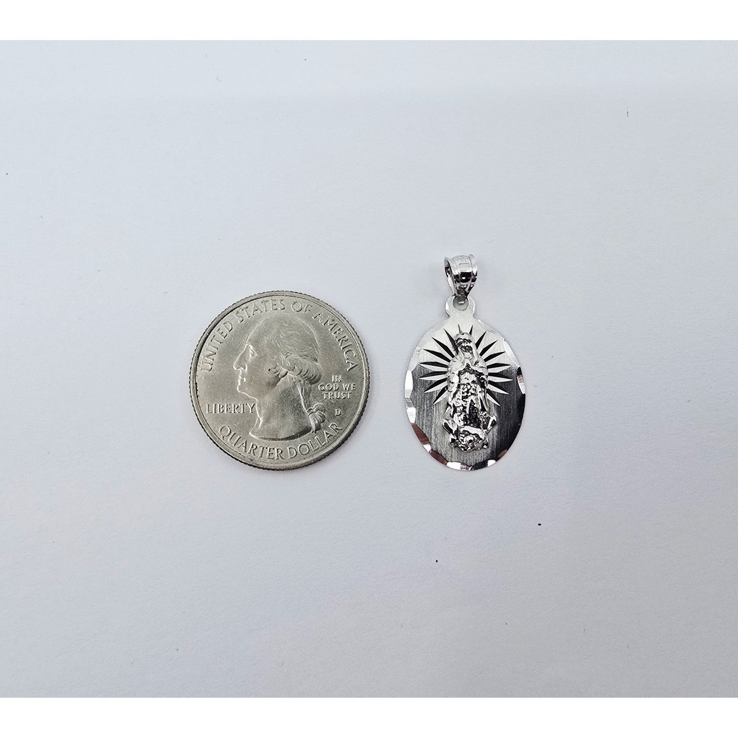14K White Gold Oval Saint Mary Charm Pendant