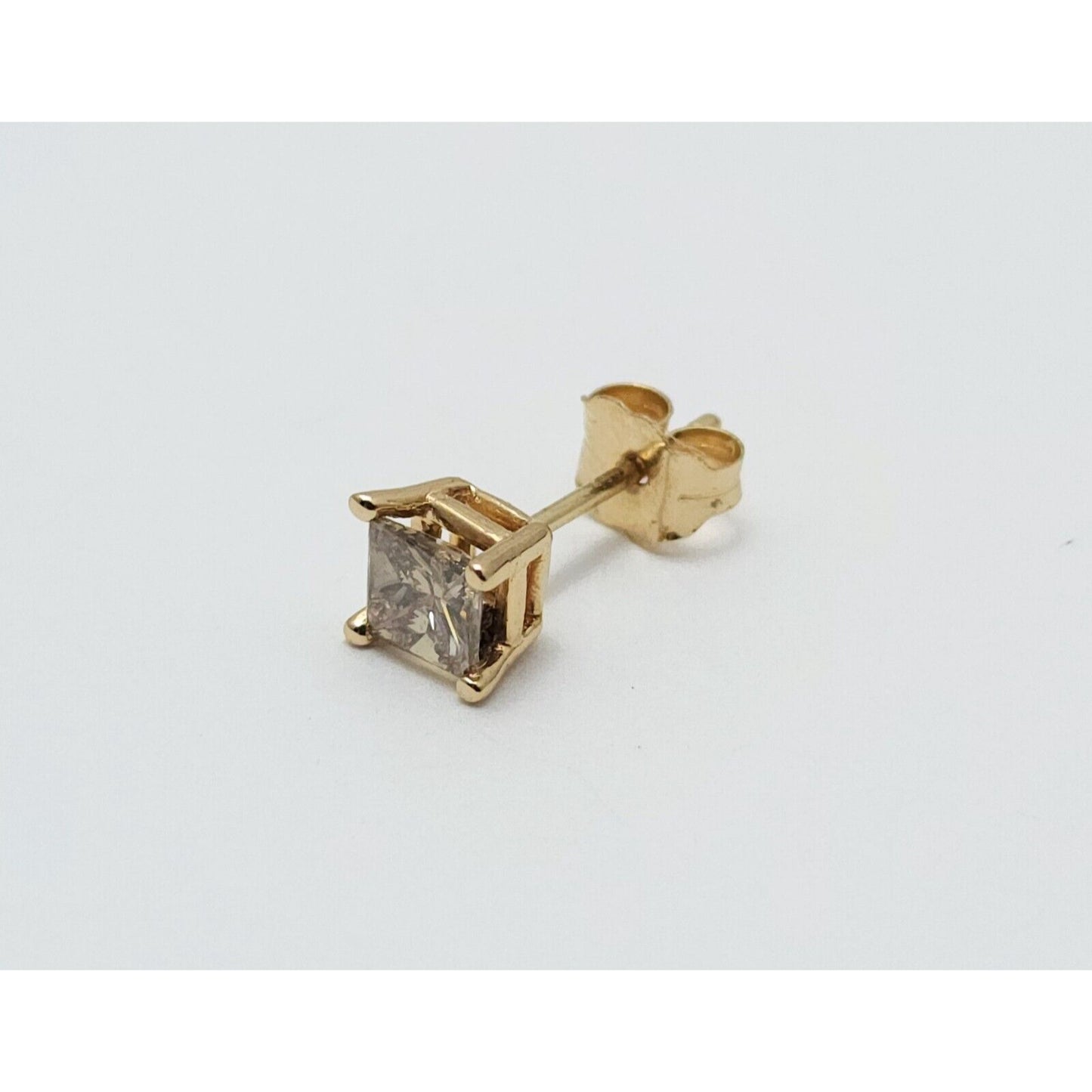 14K Yellow Gold Single Princess Cut Brown Diamond Stud Earring