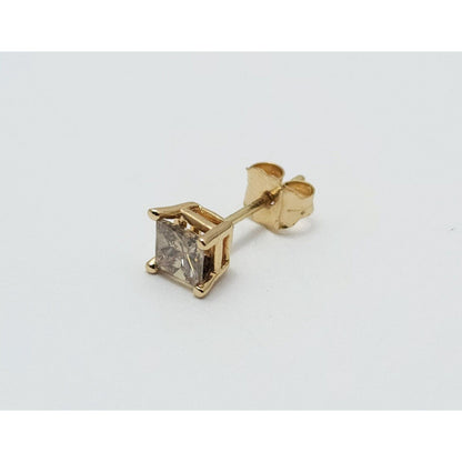 14K Yellow Gold Single Princess Cut Brown Diamond Stud Earring