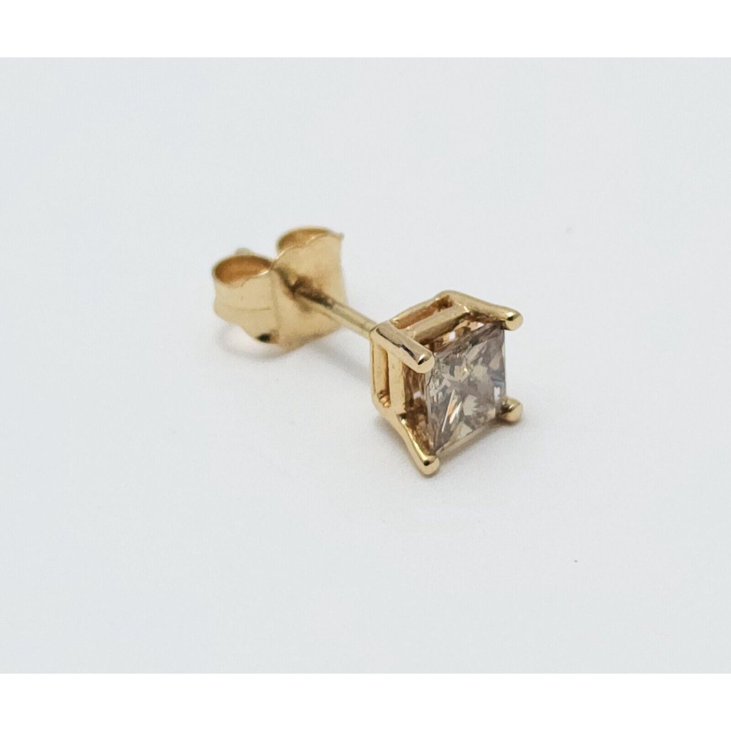 14K Yellow Gold Single Princess Cut Brown Diamond Stud Earring