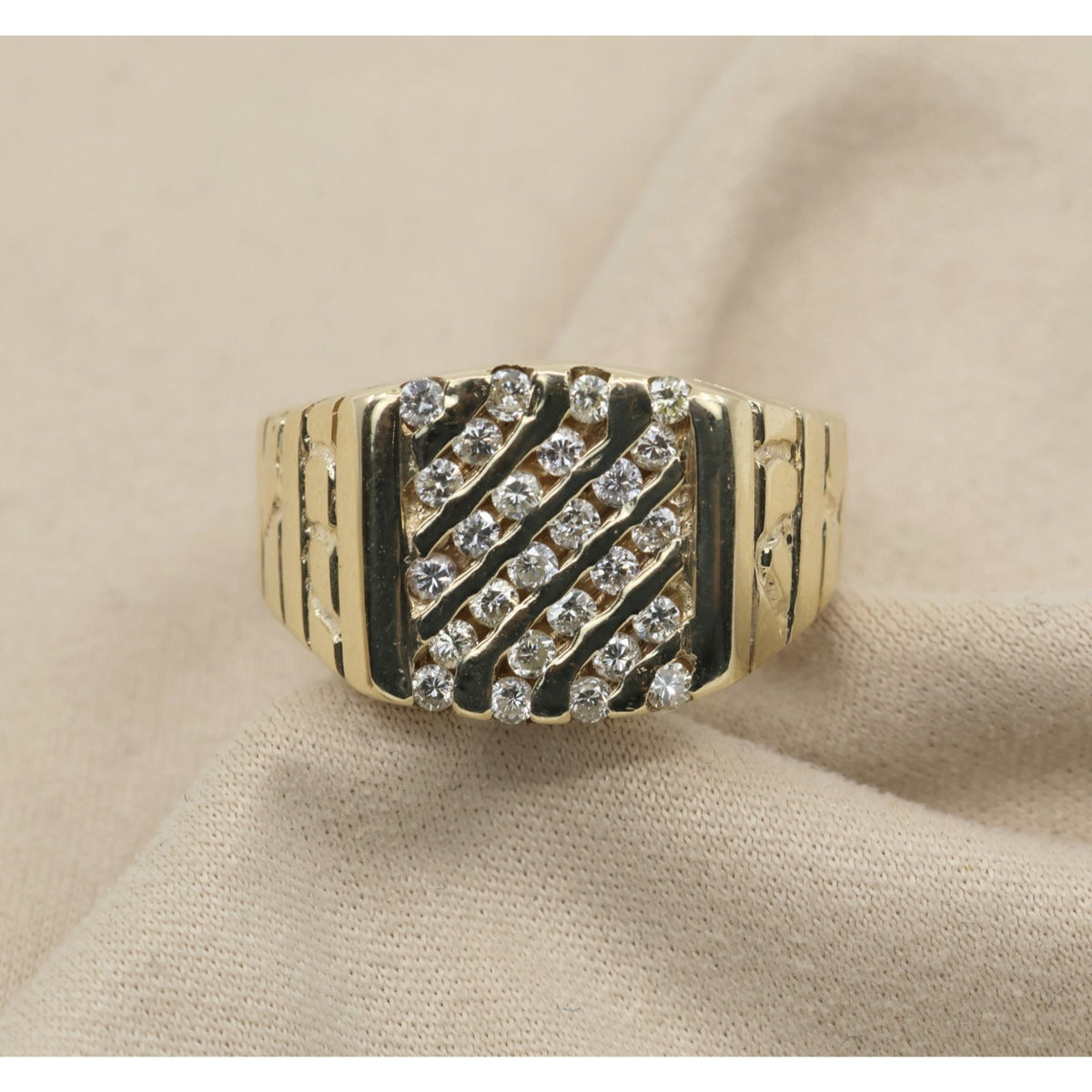 13K Yellow Gold Nugget Style Statement Signet Diamond Ring