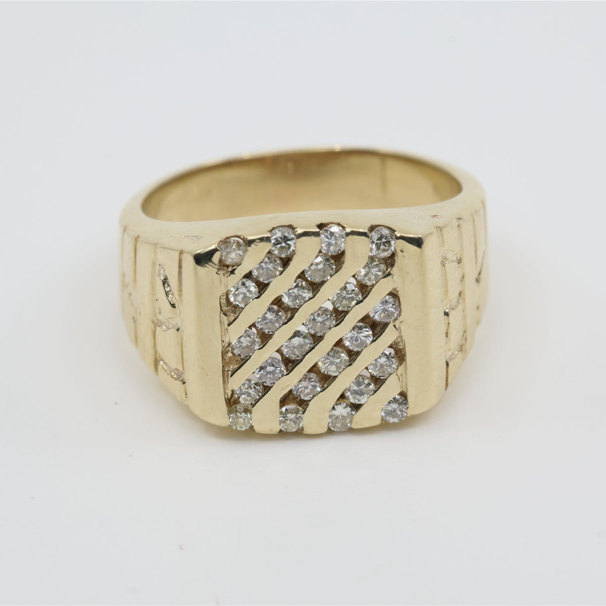 13K Yellow Gold Nugget Style Statement Signet Diamond Ring
