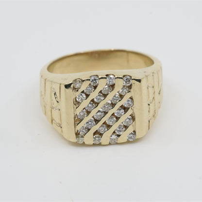 13K Yellow Gold Nugget Style Statement Signet Diamond Ring