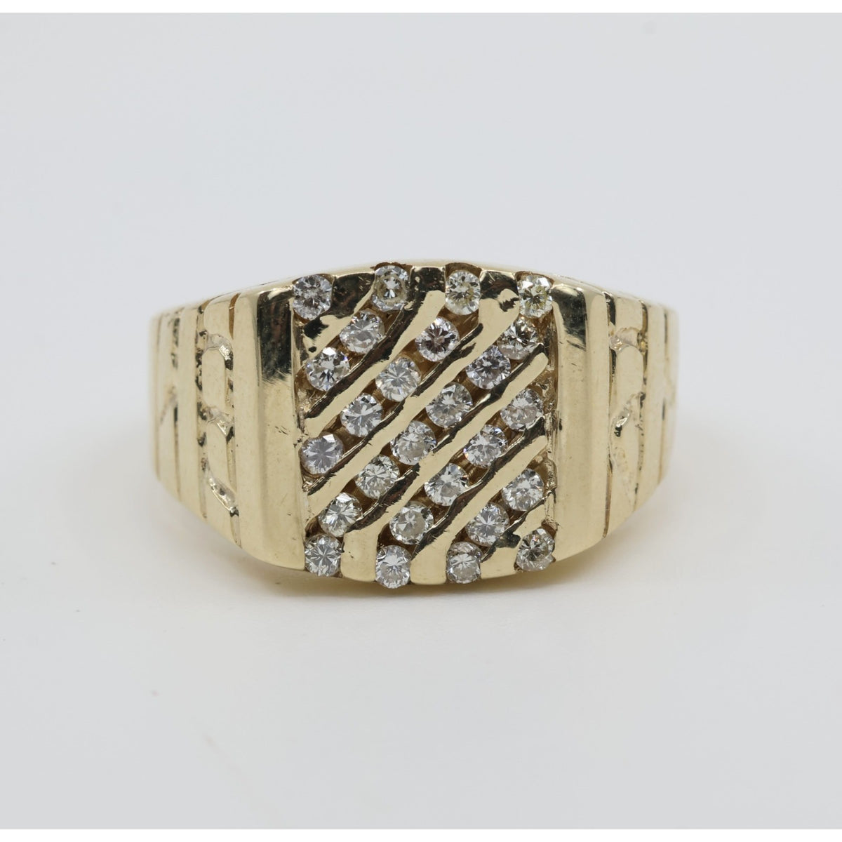 13K Yellow Gold Nugget Style Statement Signet Diamond Ring