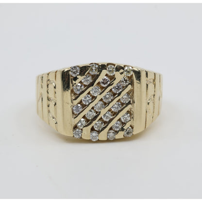 13K Yellow Gold Nugget Style Statement Signet Diamond Ring