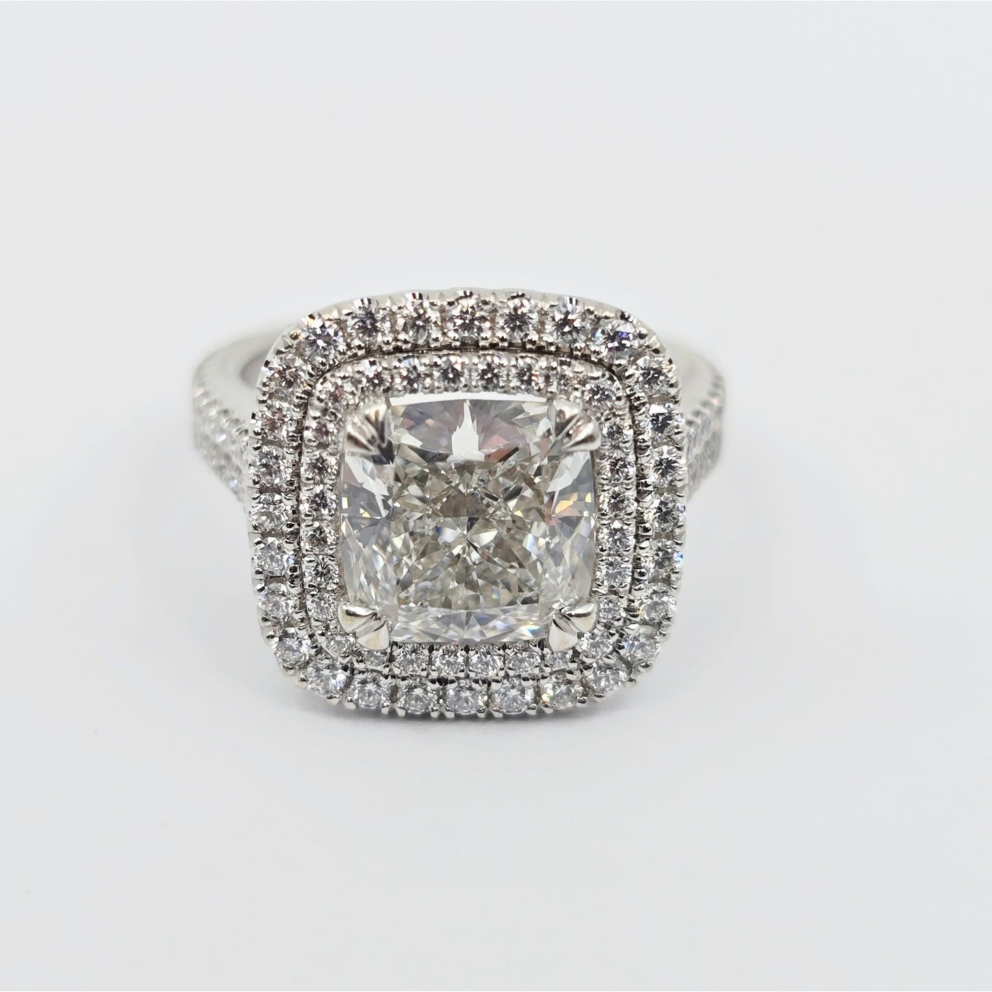 14K White Gold Lab Grown Cushion Diamond Engagement Double Halo Ring 3.40ct IGI
