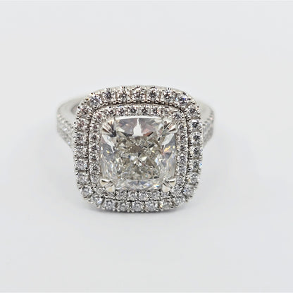 14K White Gold Lab Grown Cushion Diamond Engagement Double Halo Ring 3.40ct IGI