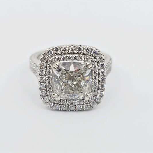 14K White Gold Lab Grown Cushion Diamond Engagement Double Halo Ring 3.40ct IGI