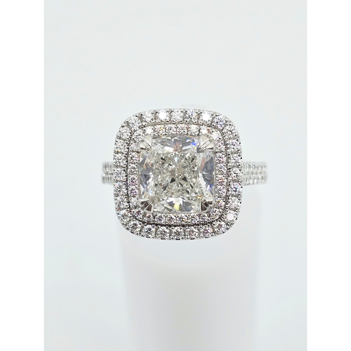 14K White Gold Lab Grown Cushion Diamond Engagement Double Halo Ring 3.40ct IGI