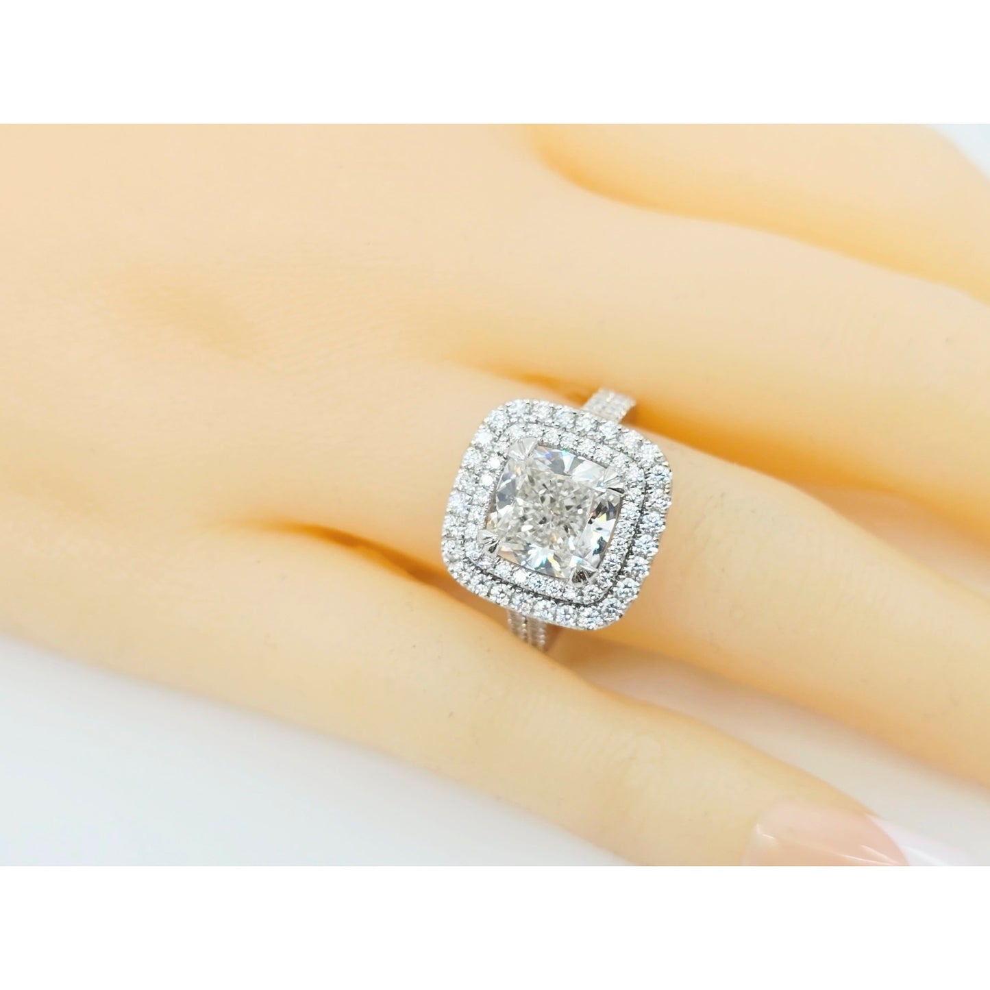 14K White Gold Lab Grown Cushion Diamond Engagement Double Halo Ring 3.40ct IGI