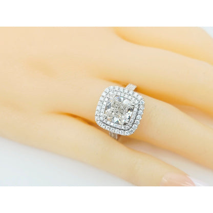14K White Gold Lab Grown Cushion Diamond Engagement Double Halo Ring 3.40ct IGI