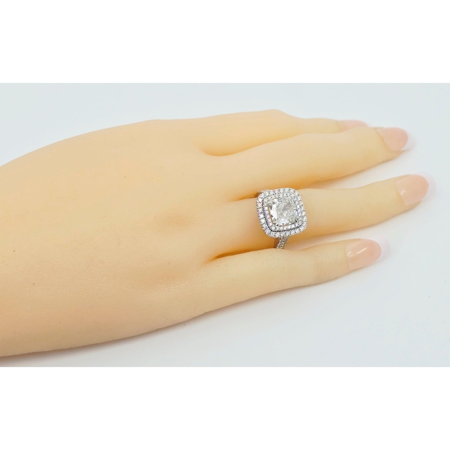14K White Gold Lab Grown Cushion Diamond Engagement Double Halo Ring 3.40ct IGI
