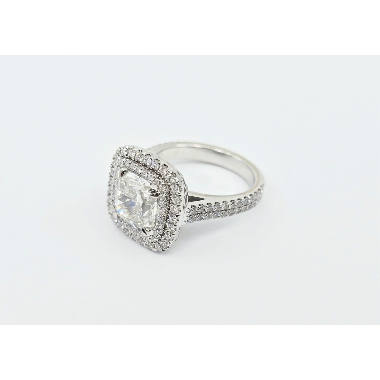14K White Gold Lab Grown Cushion Diamond Engagement Double Halo Ring 3.40ct IGI