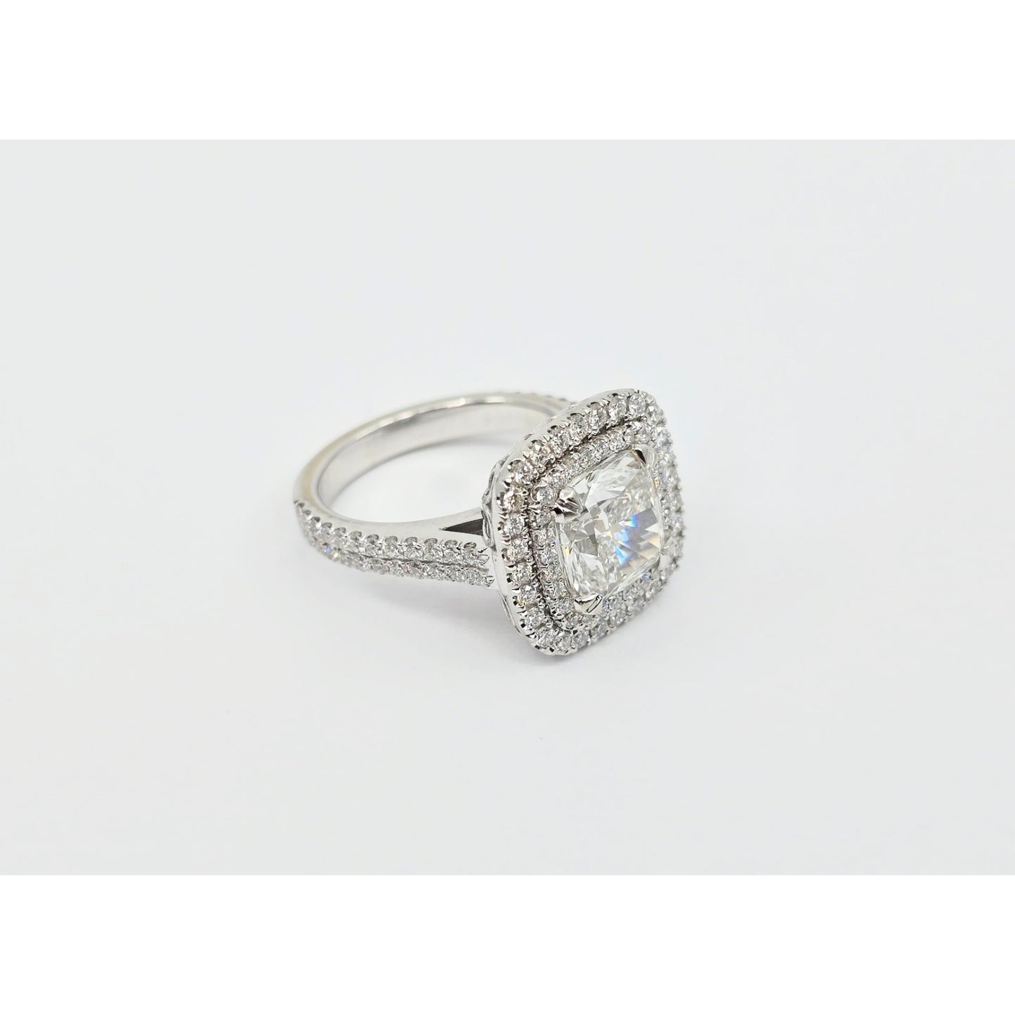 14K White Gold Lab Grown Cushion Diamond Engagement Double Halo Ring 3.40ct IGI