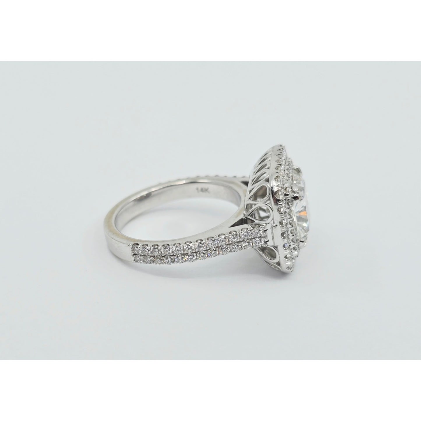 14K White Gold Lab Grown Cushion Diamond Engagement Double Halo Ring 3.40ct IGI