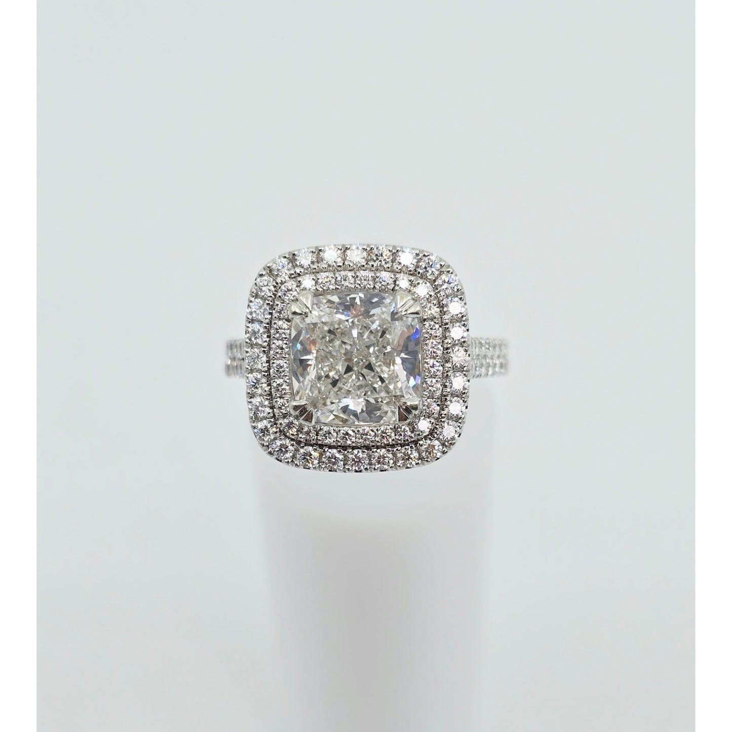 14K White Gold Lab Grown Cushion Diamond Engagement Double Halo Ring 3.40ct IGI