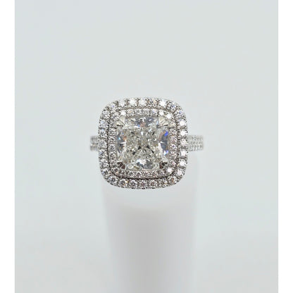 14K White Gold Lab Grown Cushion Diamond Engagement Double Halo Ring 3.40ct IGI